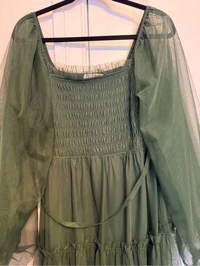 Baltic Born Olive Green Sheer Puff-Sleeve Maxi Dress